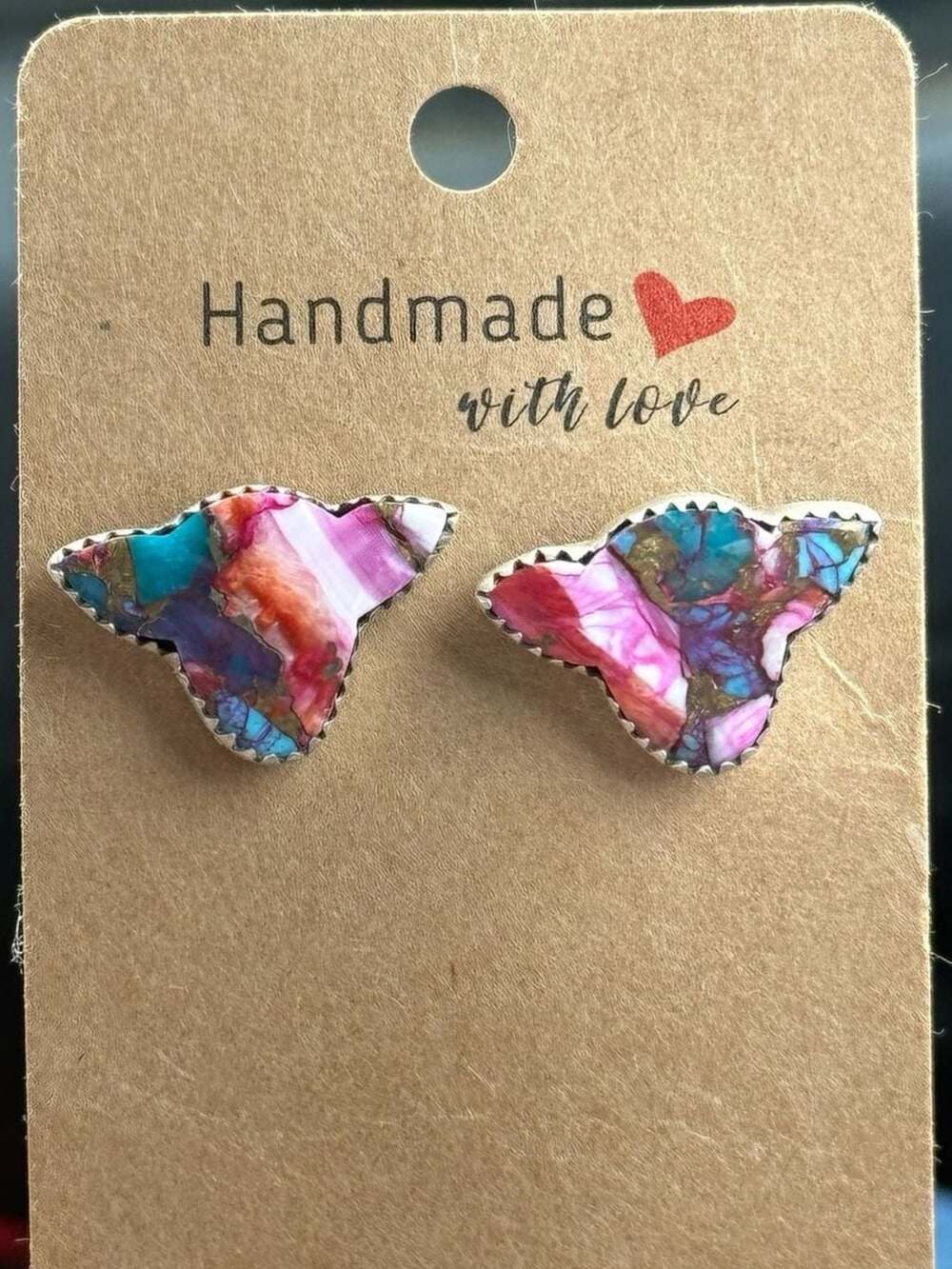 Handmade Pink Dahlia Mohave Turquoise Cow Stud Earrings in Sterling Silver